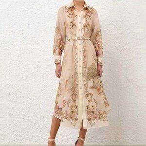 Zimmerman Laurel Belted Sleeve Midi Linen Dress